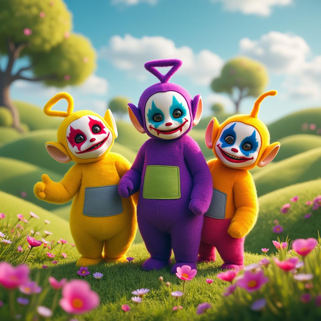 Create an imaginative scene featuring the Teletubbies, each adorned with vibrant and dramatic Joker-inspired face paint. The setting should be a whimsical, colorful landscape reminiscent of their original environment, with rolling green hills and a bright, sunny sky. Ensure the lighting is soft and playful, enhancing the cheerful yet eerie juxtaposition of the characters. The composition should capture the Teletubbies in dynamic poses, showcasing their unique personalities while highlighting the intricate details of the makeup, including bold colors and exaggerated features. Aim for a high-quality, cartoonish style that merges the innocence of the Teletubbies with the playful chaos of the Joker's aesthetic.