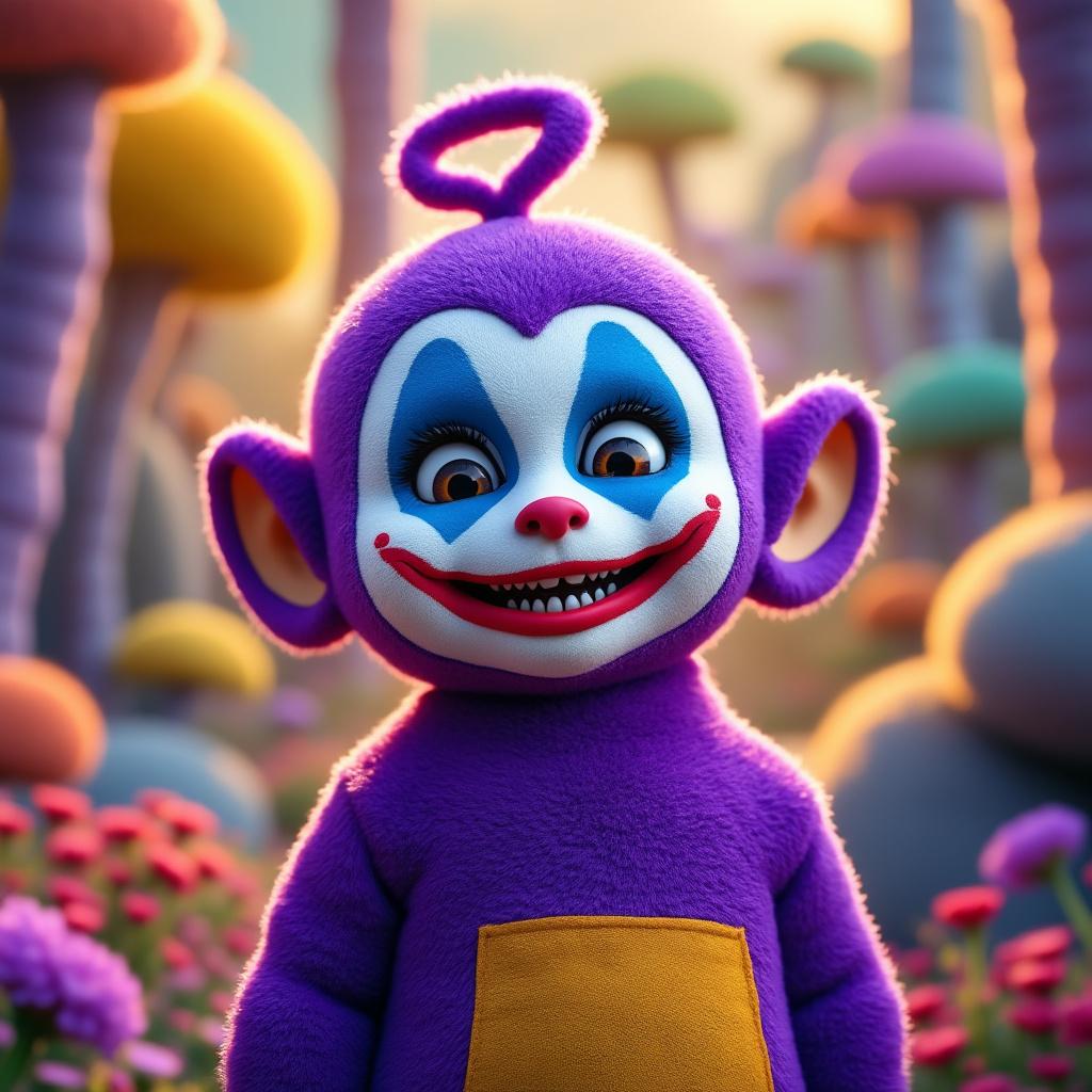 A vibrant and whimsical scene featuring a purple Teletubby adorned with intricate Joker-inspired face makeup. The character stands against a colorful, surreal landscape, bathed in soft, diffused lighting that enhances the playful yet eerie atmosphere. The composition includes exaggerated facial expressions to capture the Joker's mischievous essence, with bold contrasts between the purple of the Teletubby and the vivid colors of the makeup. Incorporate a cartoonish style with high saturation and a smooth texture, ensuring a high-quality, visually striking image that blends childlike whimsy with dark humor.