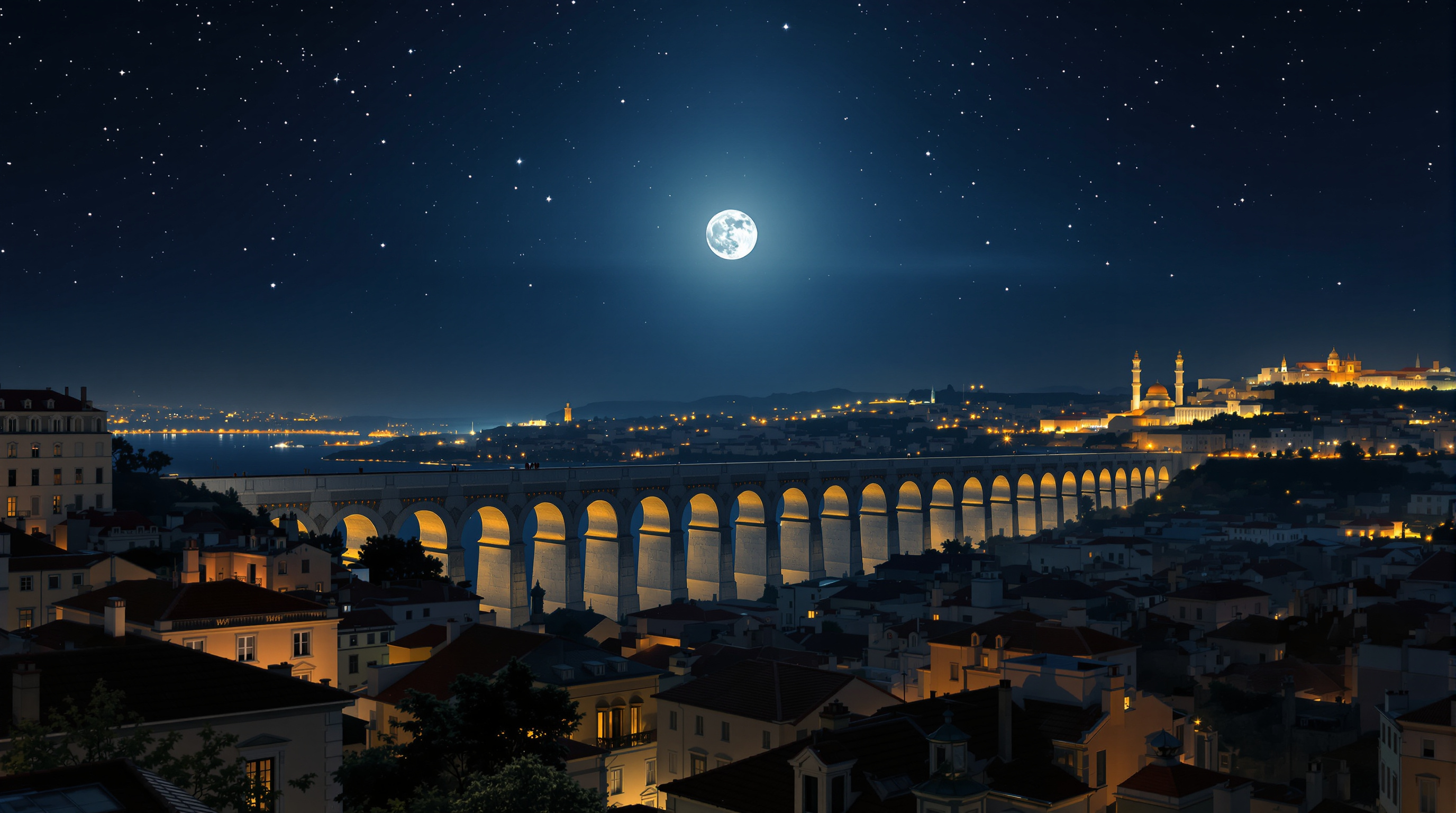 "18th century Lisbon at night, before the 1755 earthquake, featuring the grand Aqueduct of Águas Livres illuminated by a full moon at the center. The moon should be the focal point, casting silver light over a clear sky adorned with visible stars, gently reflecting on the distant hills and rooftops of the city. Showcase baroque and Manueline architecture with houses topped by red tile roofs and light-toned façades. The silver moonlight should accentuate the monumental arches of the aqueduct, creating a serene, historical, and majestic atmosphere devoid of people. Render in a highly detailed, high-resolution digital painting style, 8000 × 4500 px (≈ 8K, ~36 MP) suitable for an 11-meter wide display."