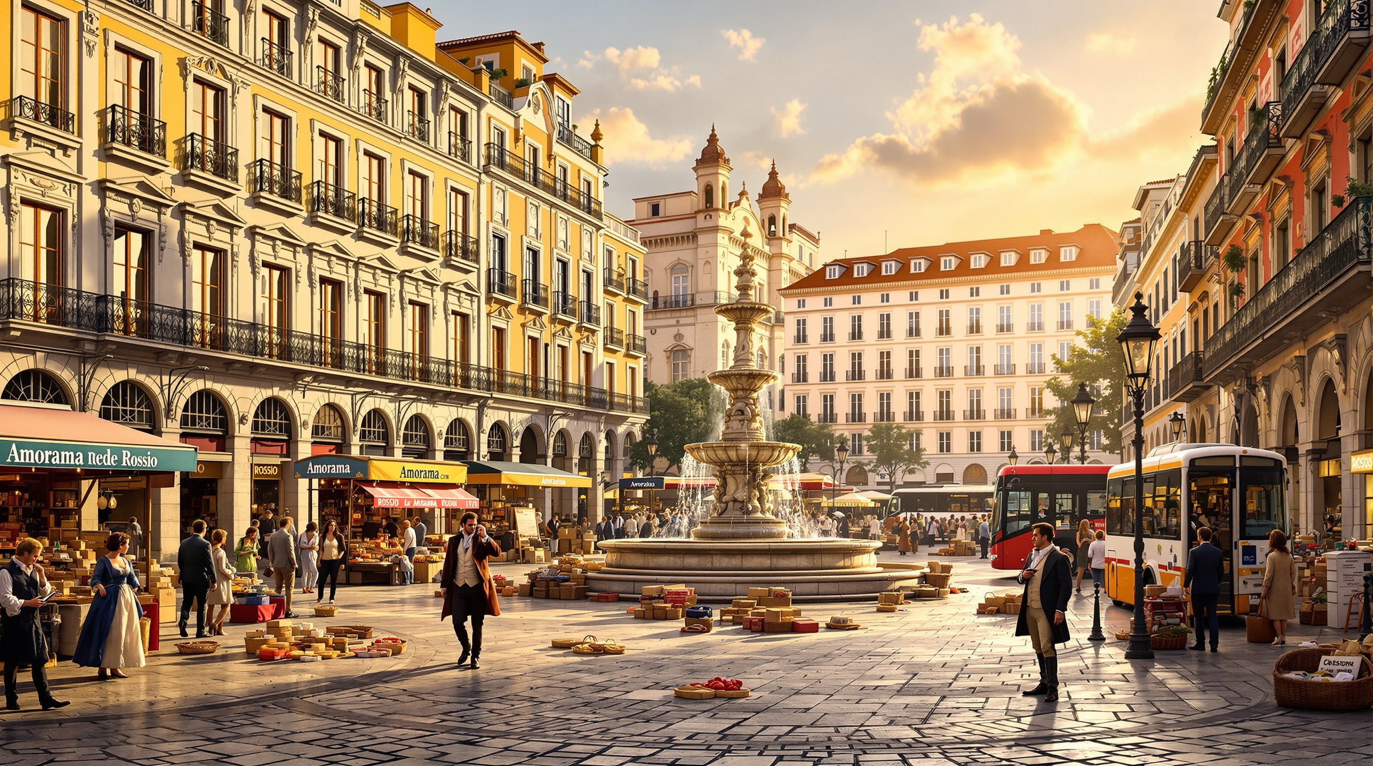 A bustling square in Rossio, Lisbon, captured before the 1755 earthquake, showcasing an exquisite blend of Baroque and Manueline architectural styles. The scene features irregular limestone paving surrounded by ornate buildings adorned with intricate wrought iron balconies and tall wooden window shutters. Vibrant market stalls with colorful canopies display an array of goods, including baskets and boxes, scattered across the ground. A charming stationary cart adds character, while an intricately designed fountain stands majestically at the square's center. The composition is bathed in warm, front-facing sunset light, enhancing the vibrant urban atmosphere and highlighting the intricate details of the architecture and market activities. People dressed in authentic 18th-century attire mingle throughout the scene, including a figure stepping off a bus marked "Amorama" and another engaged in conversation on a smartphone, creating a compelling juxtaposition of history and modernity. This image is to be rendered as a high-resolution digital painting or realistic architectural illustration in 8K quality (8000 ×