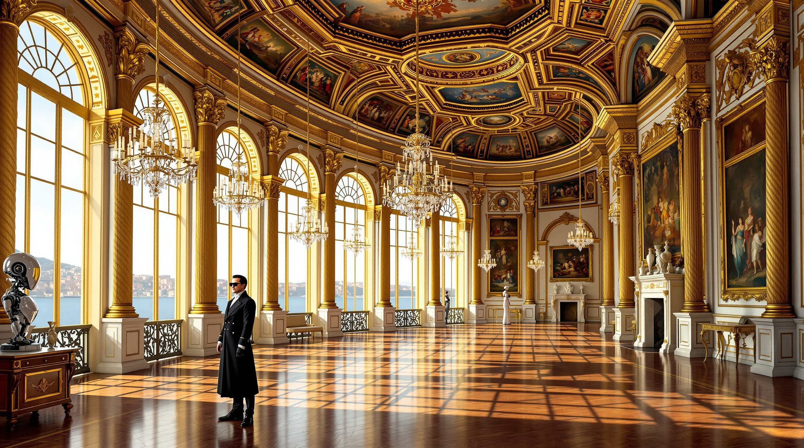Interior of the Royal Palace of Ribeira in Lisbon, Portugal, before the 1755 earthquake, featuring an expansive grand hall designed in the opulent Baroque and Manueline styles. The scene showcases intricately painted allegorical ceiling panels and a lavish gilded coffered ceiling highlighted by twisted golden columns. Large, arched windows frame views of the serene Tagus River, allowing soft, warm natural light to flood the space, creating a majestic and inviting atmosphere. The polished dark wood floor reflects the elegance of the surroundings, while the walls are adorned with exquisite Flemish tapestries and regal portraits. Crystal chandeliers dangle gracefully from the ceiling, adding to the grandeur of the setting. Two figures are present: one is a servant clad in 18th-century attire complemented by modern sunglasses, and the other is a sleek Japanese robot, blending historical and futuristic elements. The composition should be rendered in ultra-high-resolution digital painting or realistic architectural illustration, optimized for an 11-meter wide projection at