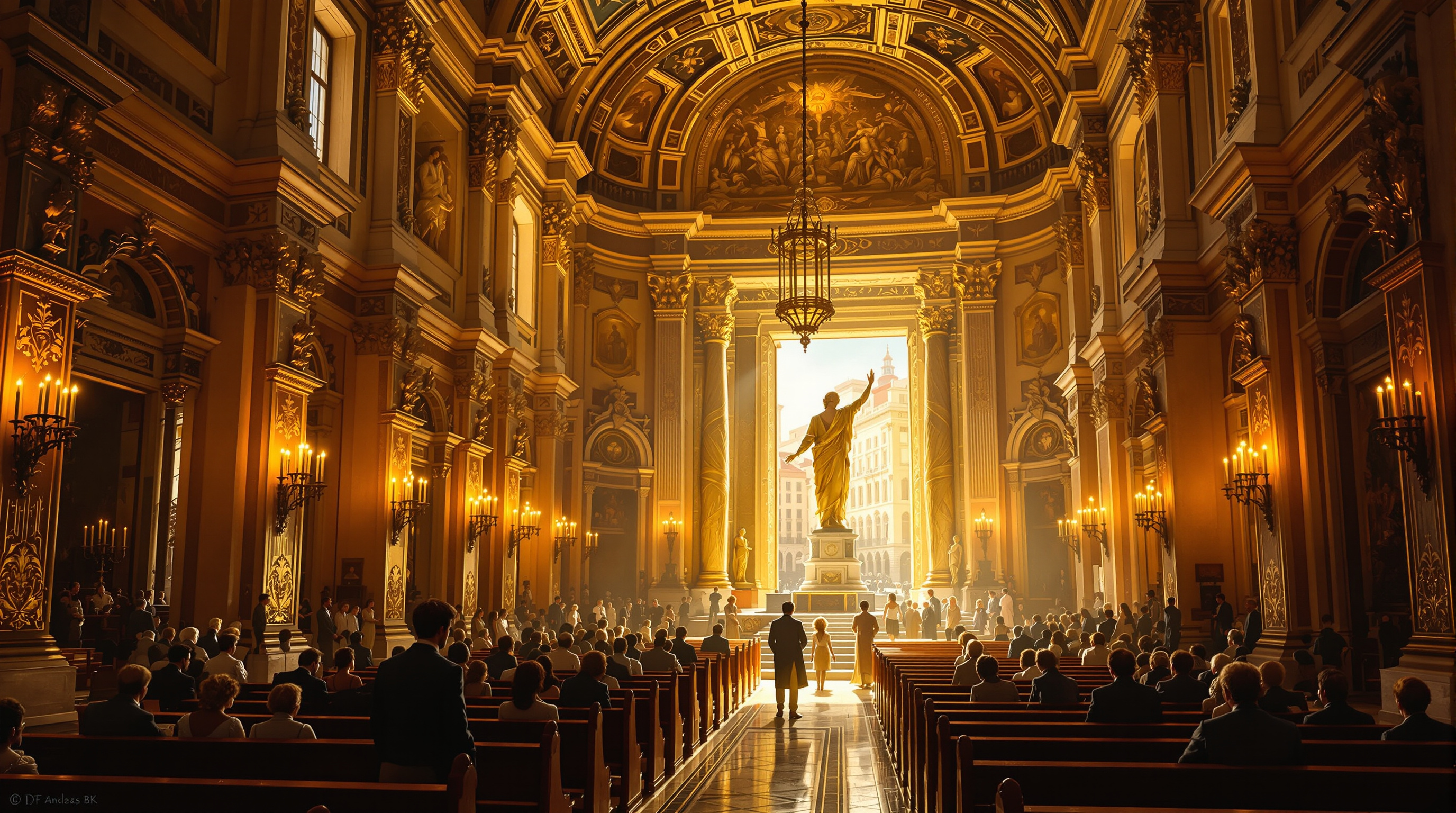 Create a highly detailed digital painting of a majestic 18th-century Baroque church in Lisbon, just moments before the catastrophic 1755 earthquake. The composition should be viewed from the altar, looking towards the grand open main doors that lead to the bustling street outside. Bathe the interior in warm morning sunlight, creating dramatic contrasts between the opulent golden hues of the church's interior and the bright natural light flooding in from outside. Showcase the intricate Portuguese Baroque architecture featuring lavish gilded carvings, majestic marble columns, ornate chandeliers, and delicately designed side chapels. Populate the scene with elegantly dressed figures in authentic 18th-century attire, respectfully facing the altar, amidst lit candles and a gentle haze of incense. Ensure the pews are neatly aligned, and through the open doors, provide glimpses of Lisbon's charming pre-earthquake streets and facades. Aim for a realistic historical atmosphere enhanced by cinematic lighting, achieving ultra-detailed features in 8K resolution (8000 ×