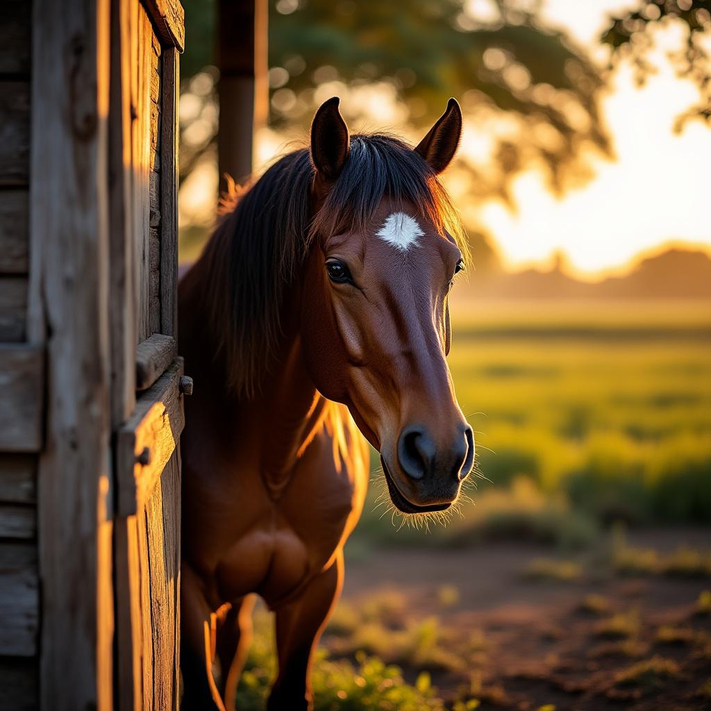 A realistic photograph depicting an Indian village farm at sunset, featuring a weary brown horse standing beside a rustic wooden stable. The horse, showing signs of fatigue with sweat glistening on its coat and eyes half-closed, embodies the spirit of hard work. The background is filled with expansive fields bathed in warm golden light, enhancing the tranquil atmosphere of the scene. The composition captures the essence of rural life, with soft, diffused lighting that highlights the textures of the horse and stable, creating a serene and poignant moment.