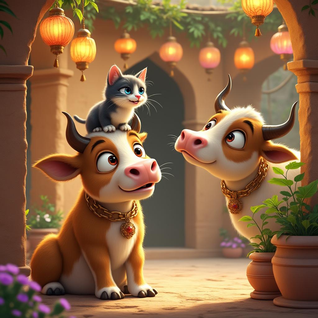 A whimsical scene depicting a playful interaction between a curious cow and a mischievous cat in an Indian rural courtyard. The cat, perched comfortably near the cow, is whispering secrets with a sly expression, while the cow listens intently, its eyes wide with curiosity. The background features rustic mud walls adorned with traditional hanging lanterns, casting a warm, inviting glow. The composition captures the charm of rural life, with soft, natural lighting that emphasizes the textures of the animals' fur and the earthy tones of the courtyard. Aim for a vibrant and detailed illustration that evokes a sense of warmth and playful camaraderie.