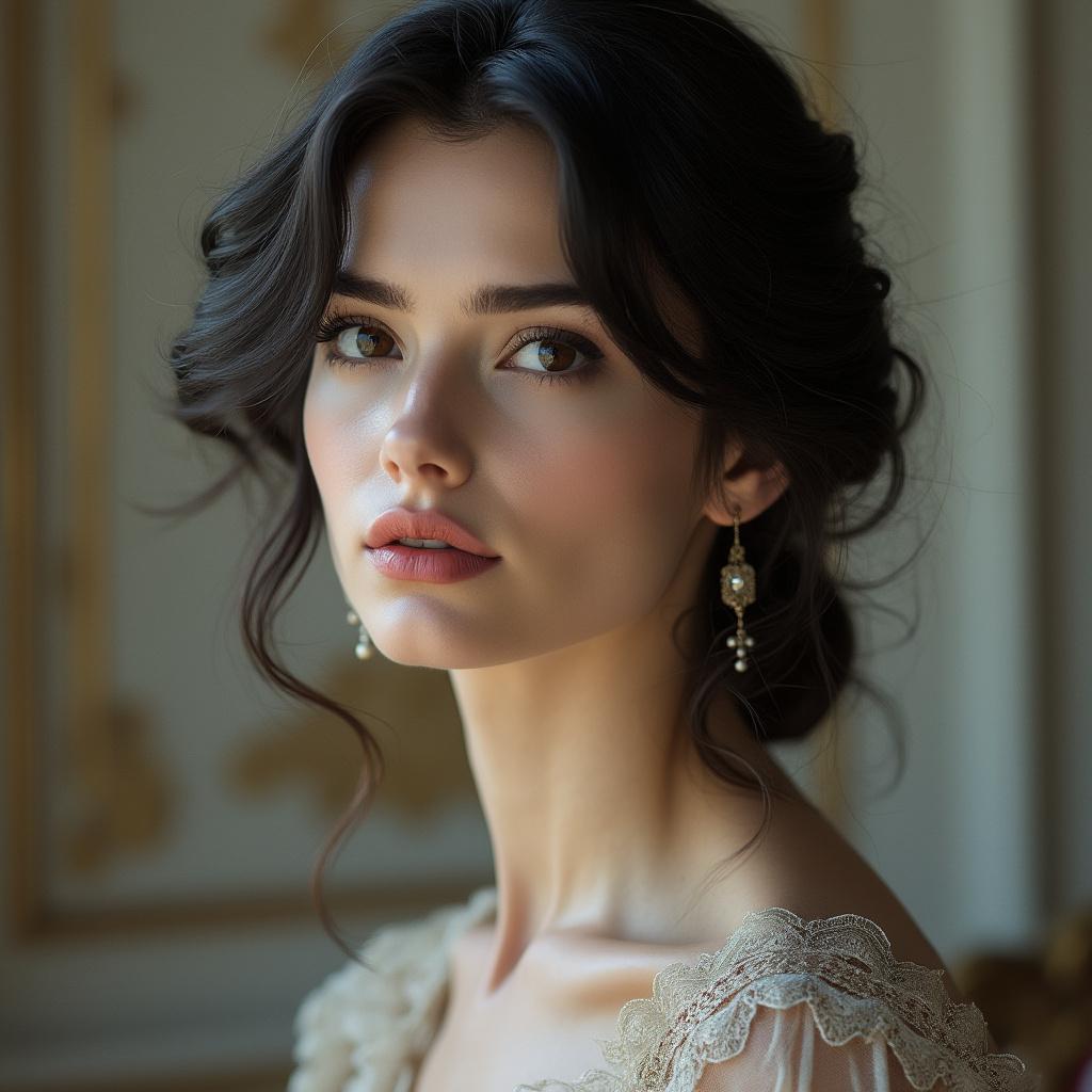 Create a portrait of an elegant bourgeois woman with dark hair and fair skin, exuding sophistication and grace. She should have a composed expression, embodying a sense of refinement rather than sensuality. The setting should feature soft, natural lighting that highlights her facial features, with a blurred, refined background that suggests an affluent environment. Emphasize a classic style with intricate details in her attire, perhaps a vintage dress, and opt for a painterly aesthetic to enhance the overall quality of the image.