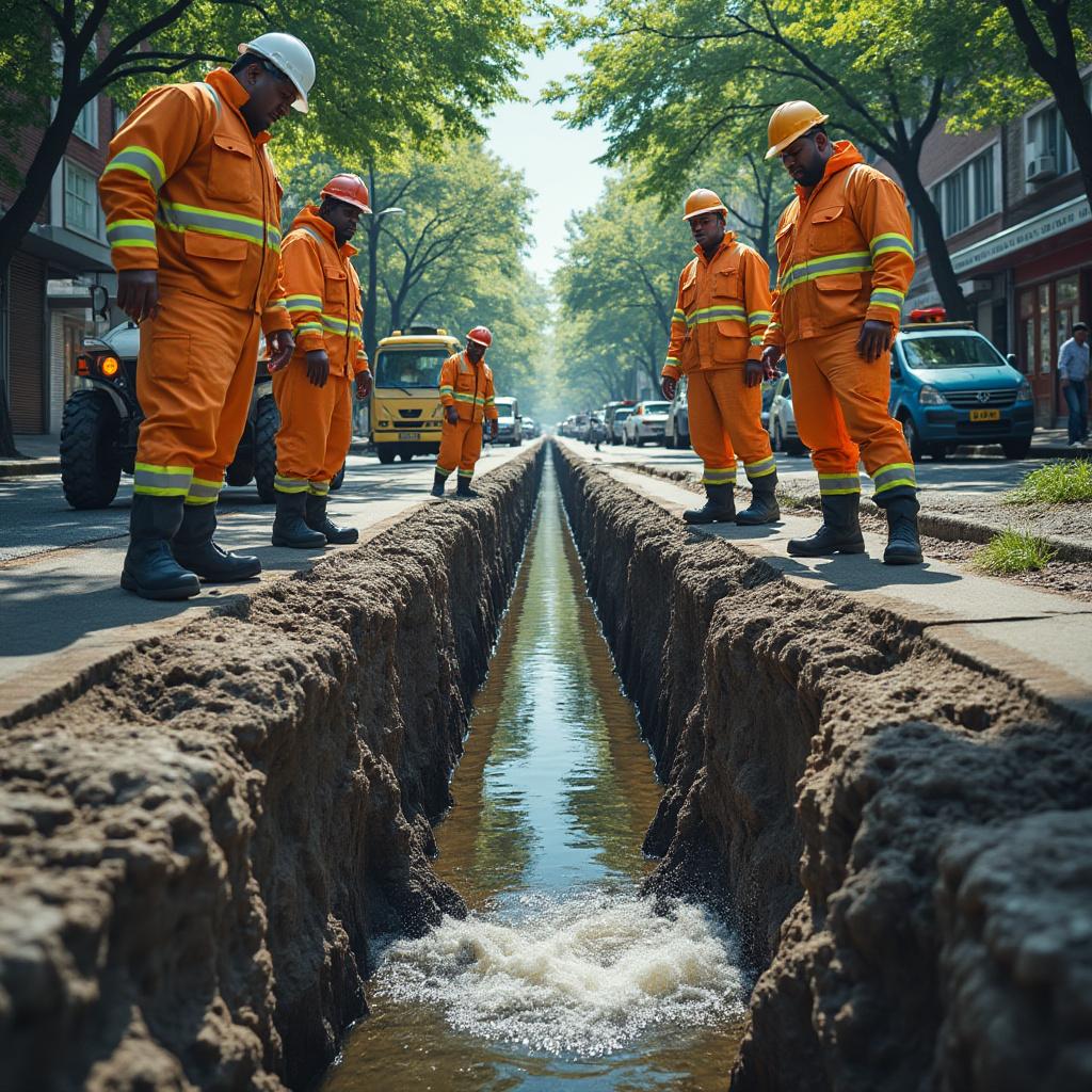 "An urban scene depicting the inspection of open sewage, showcasing a diverse team of workers in protective gear examining a large, exposed drainage channel. The setting is a bustling city street with sunlight filtering through overhanging trees, casting dappled shadows on the ground. Emphasize the textures of the surrounding environment, including the gritty pavement, lush vegetation, and the murky water in the sewage. The composition should capture a sense of urgency and responsibility, focusing on the workers' expressions of determination and concern. Utilize a realistic style with vibrant colors and high detail, ensuring a clear and impactful image."