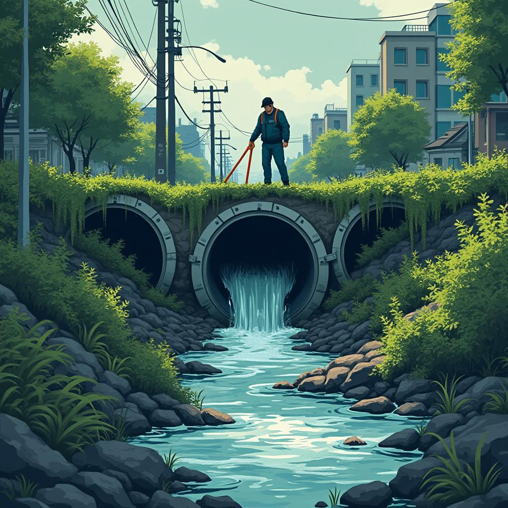 "An illustrative scene depicting the inspection of an open sewage system, highlighting the contrast between the polluted water and the surrounding environment. The composition features a close-up view of the sewage with flowing water, surrounded by overgrown vegetation and urban debris. Soft, natural lighting filters through a cloudy sky, casting subtle shadows and creating a somber yet realistic atmosphere. The style is detailed and semi-realistic, emphasizing the textures of the water and foliage, while maintaining high-quality resolution to capture every element clearly."