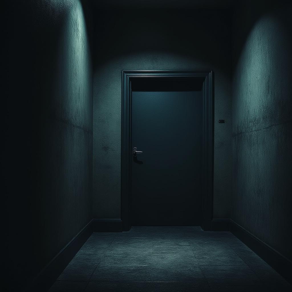A closed door in a dimly lit corridor, captured from a fixed angle that evokes a sense of suspense. The scene is shrouded in shadow, with soft, eerie lighting casting long, dramatic shadows on the walls. The corridor is narrow, emphasizing the door's imposing presence, while the textures of the walls are slightly worn, adding to the atmosphere of mystery. Use a cinematic style with high contrast to enhance the tension, focusing on the interplay of light and shadow to create an unsettling mood.