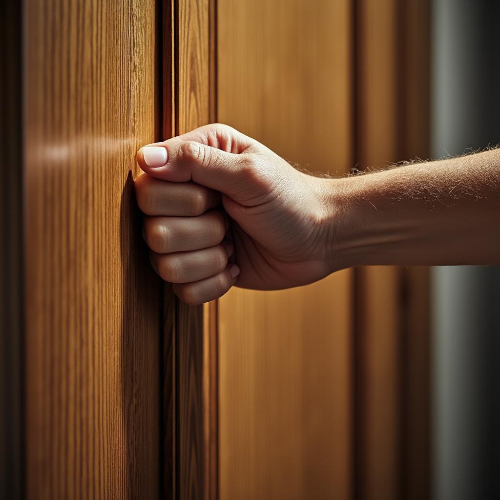 A close-up of a hand striking a wooden door three times, capturing the moment of impact. The scene is illuminated by soft, warm lighting that highlights the texture of the hand and the grain of the door. The composition focuses on the hand in the foreground, with the door slightly blurred in the background to create depth. The style is realistic, emphasizing the details of the skin and the wood, while maintaining a high-resolution quality that enhances the visual impact.