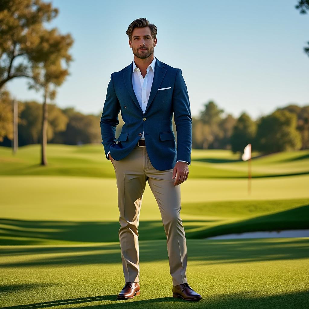 A well-dressed man standing confidently on a lush green golf course, wearing a stylish blazer, tailored trousers, and polished shoes. The scene is bathed in warm afternoon sunlight, casting soft shadows on the manicured grass. In the background, a clear blue sky complements the vibrant colors of the landscape, while the distant silhouettes of trees and a golf flag add depth to the composition. The overall style is realistic with a focus on crisp details and a polished finish, capturing the elegance and sophistication of the setting.