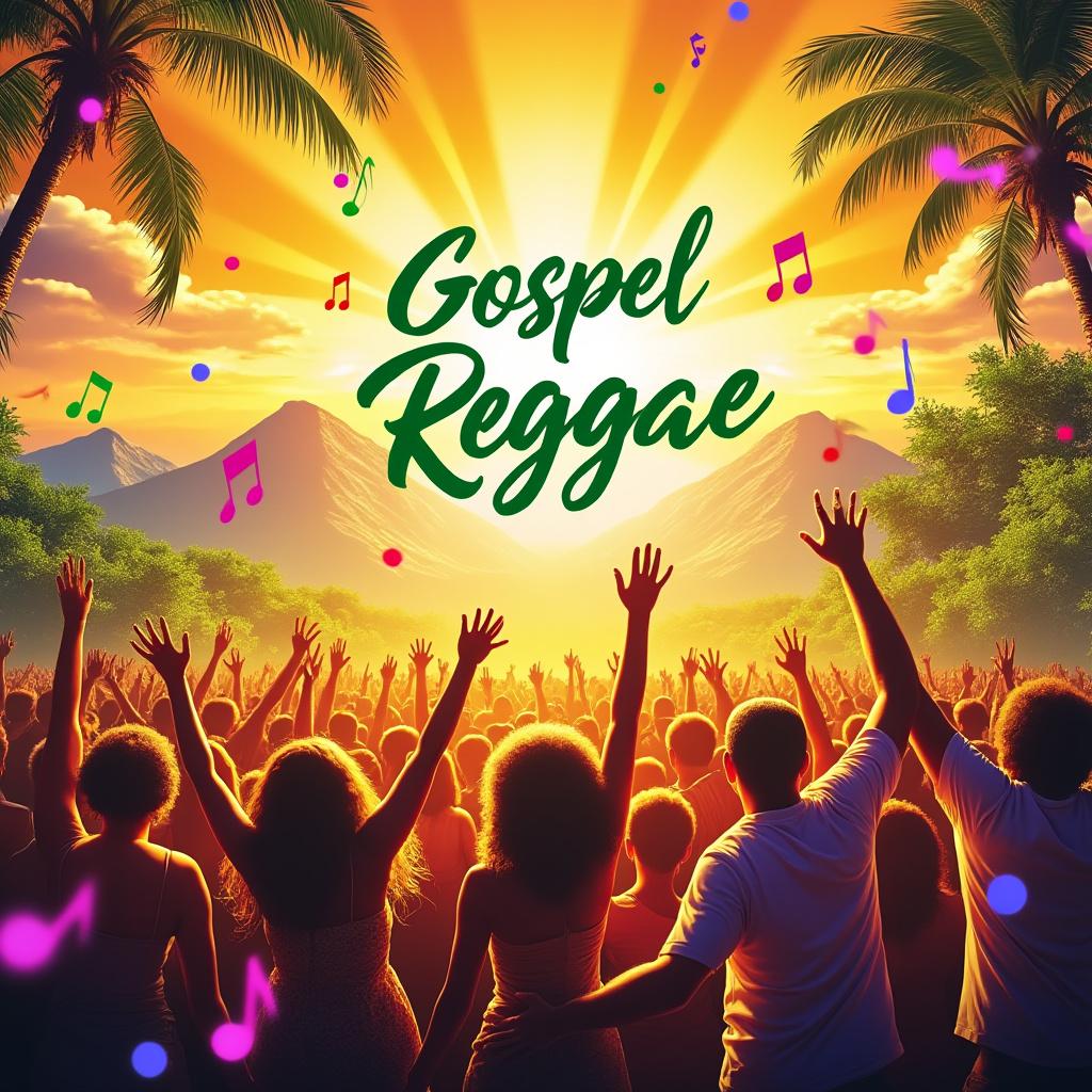 Create a vibrant gospel reggae music album cover featuring a diverse group of people joyfully singing and dancing under a golden-hued sky. In the background, depict majestic mountains symbolizing Zion, surrounded by lush palm trees. Incorporate colorful musical notes floating throughout the scene to enhance the lively atmosphere. Aim for a bright, uplifting composition that conveys a sense of joy, spirituality, and positivity, utilizing dynamic lighting and rich colors to evoke a festive and celebratory mood.