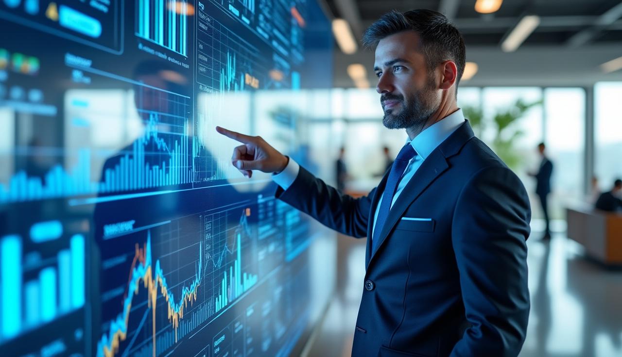 Create a photorealistic image of a confident financial advisor dressed in professional attire, situated in a sleek, modern glass-walled office. The advisor is pointing towards a large digital dashboard that prominently displays dynamic investment performance charts and graphs. Illuminate the scene with soft natural light filtering through the glass, enhancing the professional atmosphere. Utilize a shallow depth of field to emphasize the advisor and the vibrant blue (#0057FF) accents on the screen elements. Frame the composition in a 16:9 aspect ratio, ensuring ultra HD quality to capture every detail vividly.