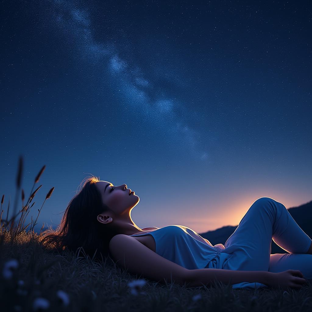 A serene young woman lying on her back, gazing up at a vast, twinkling starry sky. The scene is illuminated by the soft glow of countless stars, creating a dreamy atmosphere. The composition captures the curvature of her body against the dark silhouette of the landscape, with a gentle breeze rustling through nearby grass. The color palette features deep blues and purples of the night sky, contrasted with the warm tones of her skin. The image should evoke a sense of wonder and tranquility, with a focus on the intricate details of the stars and the peaceful expression on her face.