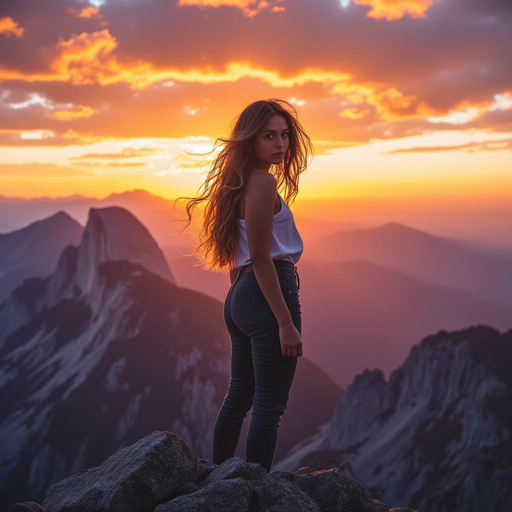 A young woman standing triumphantly at the summit of a majestic mountain, her silhouette framed against a vivid sunset sky. She gazes back over her shoulder with a look of gratitude, her hair gently tousled by the wind. The landscape behind her features dramatic peaks and valleys bathed in warm golden and soft purple hues. The composition captures the depth of the scene, emphasizing the vastness of nature. The lighting highlights her features, casting a warm glow on her face, while the foreground includes rugged rocks, enhancing the adventurous atmosphere. The overall style is realistic with a touch of ethereal quality, ensuring a high-resolution and visually striking image.