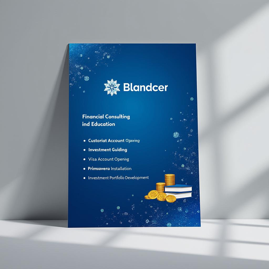 Create a visually striking 1m² advertising flyer featuring the following services: Financial Consulting and Education, Investment Guidance, Custodial Account Opening, Visa Account Opening, Primavera Software Installation, and Investment Portfolio Development. The background should be a rich ocean blue, providing a calming yet professional atmosphere. The logo must be prominently displayed in white, ensuring high contrast against the blue background. Incorporate a subtle watermark design that includes symbolic imagery of coins and books, emphasizing the theme of finance and education. The overall composition should be clean and modern, with a balanced layout that allows easy readability of the services. Aim for a polished, high-quality finish that captures attention and conveys trustworthiness.