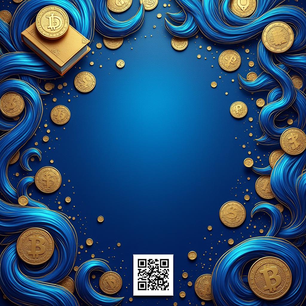 Create an advertising flyer featuring a metallic blue background with swirling gypsy patterns in various shades. Incorporate subtle watermarks of coins and books that symbolize finance throughout the design. At the bottom, include a clear and prominent QR code. Ensure the composition is visually striking, with a balance of color and elements, and maintain a polished, professional quality free from any typographical errors.